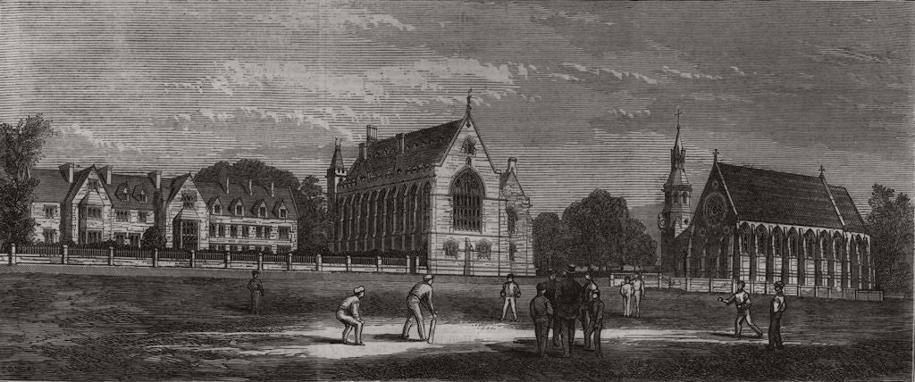 Clifton College, with the Guthrie Memorial Chapel. Gloucestershire 1867 print